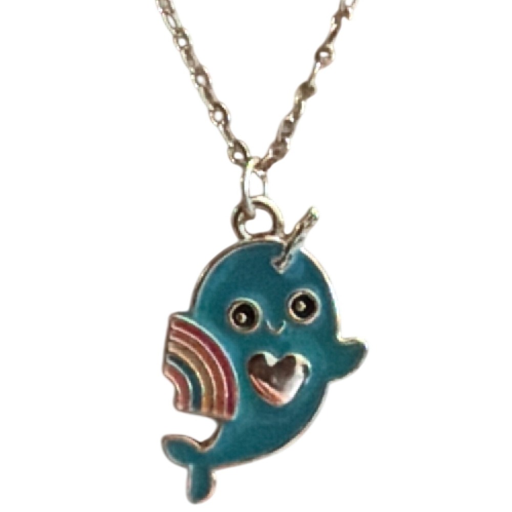 Narwhal‎ Rainbow Heart Teal Enamel Gold Tone Pendant Necklace Whimsical Coastal